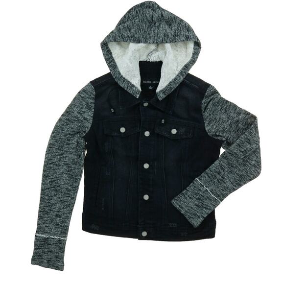 Black Rivet Distressed Black Hooded Jean Jacket M - Picture 1 of 8